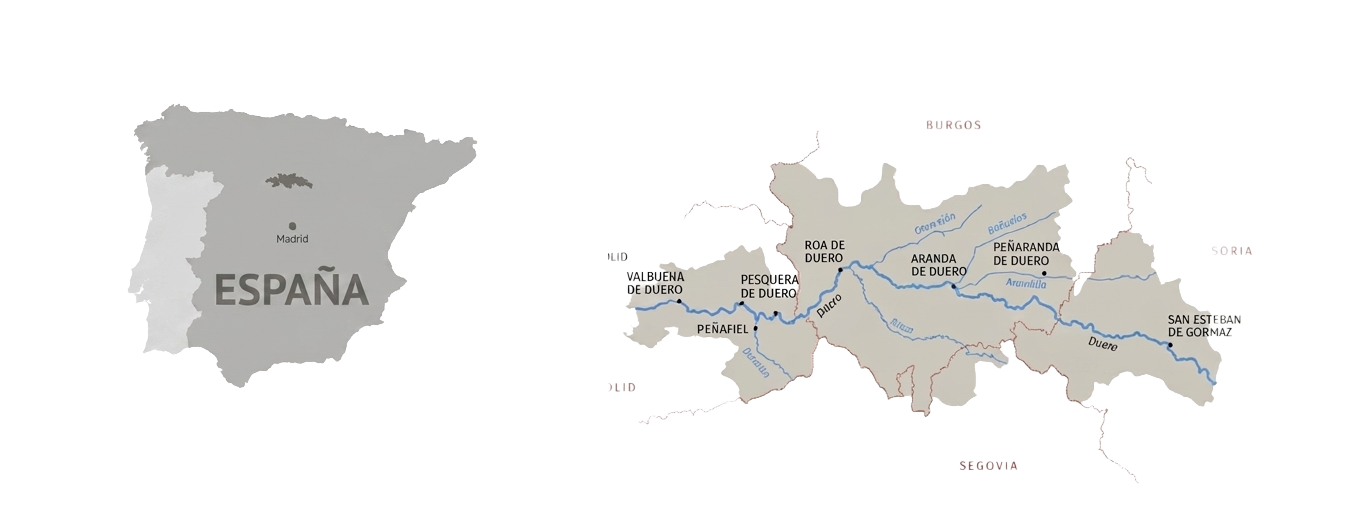 Mapa de España y detalle de la Ribera del Duero con los pueblos junto al río